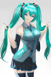 Rule 34 | 1girl, absurdres, aqua eyes, aqua hair, aqua nails, aqua necktie, aqua shirt, black thighhighs, blue trim, breasts, closed mouth, collared shirt, commentary, detached sleeves, grey background, hair between eyes, hatsune miku, headset, highres, holding, holding own hair, large breasts, long hair, looking at viewer, necktie, pleated skirt, shirt, simple background, skirt, sleeveless, smile, solo, thighhighs, tongue, tongue out, twintails, very long hair, vocaloid, yami (rear4742)