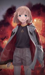 Rule 34 | 1girl, 3mptydays, :d, arms at sides, backlighting, bad id, bad pixiv id, black shirt, blue eyes, blurry, blurry background, clothes writing, cowboy shot, debris, earrings, explosion, grey shorts, highres, hood, hood down, hooded jacket, idolmaster, idolmaster shiny colors, jacket, jewelry, light brown hair, long sleeves, looking at viewer, open clothes, open jacket, open mouth, outdoors, pocket, serizawa asahi, shirt, short hair, shorts, sleeves past wrists, smile, solo, standing, teeth, two-sided fabric, two-sided jacket, upper teeth only, white jacket