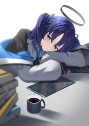 Rule 34 | 1girl, absurdres, black jacket, black shirt, blue archive, blue eyes, blue hair, blue necktie, blush, book, closed mouth, coat, cup, e buki, halo, head rest, highres, jacket, long hair, long sleeves, looking at viewer, necktie, off shoulder, parted bangs, shirt, solo, tablet pc, two side up, white coat, white shirt, yuuka (blue archive)