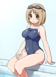 Rule 34 | 10s, 1girl, bare shoulders, blush, breasts, brown eyes, brown hair, chelle ingham, competition school swimsuit, flower, goggles, goggles on head, hair flower, hair ornament, idolmaster, idolmaster cinderella girls, large breasts, looking at viewer, mimura kanako, one-piece swimsuit, school swimsuit, short hair, sitting, solo, swimsuit