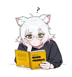 Rule 34 | 1girl, ?, absurdres, ahoge, animal ears, black nails, book, closed mouth, double-parted bangs, glasses, green eyes, highres, holding, holding book, looking away, open book, original, perl (vertigris), reading, short hair, simple background, solo, vertigris, white-framed eyewear, white background, white hair