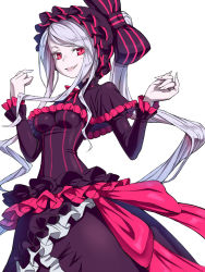 Rule 34 | 1girl, :d, blush, bow, breasts, capelet, commentary request, dress, fang, fingernails, frilled dress, frills, gothic lolita, hair bow, hands up, highres, kimagure blue, lolita fashion, long hair, long sleeves, looking at viewer, medium breasts, open mouth, overlord (maruyama), pale skin, ponytail, purple bow, purple capelet, purple dress, red eyes, shalltear bloodfallen, sharp fingernails, silver hair, simple background, smile, solo, striped, striped bow, swept bangs, very long hair, white background