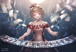 Rule 34 | 1girl, akamatsu kaede, artist name, bare shoulders, beamed eighth notes, blonde hair, breasts, cleavage, collarbone, commentary request, cowboy shot, danganronpa (series), danganronpa 10th anniversary costume, danganronpa v3: killing harmony, dated, dress, flower, fortissimo, hair flower, hair ornament, happy birthday, instrument, medium breasts, medium hair, music, musical note, musical note hair ornament, nail polish, official alternate costume, paper, piano, pink nails, playing instrument, red dress, red eyes, red flower, red nails, ribbon, sheet music, smile, solo, white dress, z-epto (chat-noir86)
