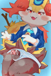 Rule 34 | 1boy, :3, animal ear fluff, animal hands, animal nose, bar censor, black fur, blue background, blue hat, blue jacket, blue neckerchief, blue panties, blush, blush stickers, body fur, braixen, censored, claws, clothed pokemon, collared shirt, creatures (company), dutch angle, erection, fang, furry, furry male, game freak, gen 6 pokemon, happy, hat, highres, jacket, long sleeves, looking down, male focus, multicolored fur, neckerchief, nintendo, open mouth, panties, penis out, pokemon, pokemon (creature), red eyes, roncha inu, shirt, simple background, skin fang, smile, snout, solo, standing, steam, steaming body, stick, striped clothes, striped panties, testicles, thick thighs, thighs, trap, underwear, v-shaped eyebrows, white fur, white shirt, wide hips, yellow fur