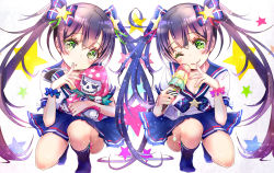 Rule 34 | 2girls, blue legwear, blue skirt, blush, breasts, brown hair, cleavage, finger to mouth, food, green eyes, holding, ice cream, keepout, kneehighs, long hair, looking at viewer, medium breasts, multiple girls, neckerchief, open mouth, original, pleated skirt, school uniform, serafuku, skirt, smile, socks, soramu, squatting, star (symbol), starry background, stuffed toy, twintails, uniform, wristband