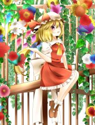 Rule 34 | 1girl, ascot, birdcage, blonde hair, cage, flandre scarlet, flower, hat, hat ribbon, highres, indo (mdtanaka2007), long hair, mob cap, open mouth, pink eyes, puffy short sleeves, puffy sleeves, ribbon, sash, shirt, short sleeves, side ponytail, sitting, smile, solo, touhou, very long hair, wings