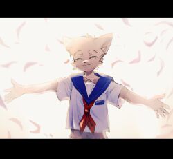 Rule 34 | 1boy, closed eyes, crying, fang, feathers, furry, furry male, highres, itooku, original, red scarf, scarf, school uniform, skin fang, thick eyebrows, white background, white feathers, white fur, wolf boy
