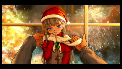 Rule 34 | 1girl, adjusting scarf, alice (as109), as109, blue eyes, blush, capelet, child, christmas, city no.109, fur trim, hat, highres, looking at viewer, original, parted lips, pine tree, pov, santa hat, scared, scarf, silver hair, solo focus, tree