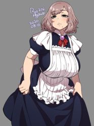Rule 34 | 1girl, 2020, agawa ryou, artist name, breasts, brown hair, clothes lift, commentary, cowboy shot, dated, dress, dress lift, green eyes, grey background, huge breasts, lips, maid, mole, mole under eye, original, short hair, signature, simple background, solo