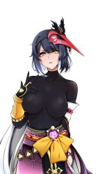 Rule 34 | 1girl, armor, black hair, bodysuit, breasts, breasts apart, genshin impact, gloves, hand on own chest, highres, kujou sara, long xue, mask, short hair, solo, transparent background, yellow eyes