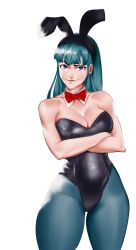 Rule 34 | 1girl, absurdres, backlighting, bare shoulders, black leotard, blue eyes, bow, bowtie, breasts, bulma, caprara, cleavage, commentary, crossed arms, curvy, detached collar, dragon ball, dragon ball (classic), english commentary, green hair, green pantyhose, highleg, highleg leotard, highres, hime cut, large breasts, leotard, long hair, looking at viewer, mismatched eyebrows, pantyhose, photo-referenced, playboy bunny, raised eyebrow, red bow, red bowtie, smirk, solo, strapless, strapless leotard, thick thighs, thighs, traditional bowtie, white background
