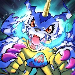 Rule 34 | 1other, blue fire, breath weapon, breathing fire, digimon, digimon (creature), digimon survive, fire, gabumon, highres, other focus, solo