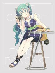 Rule 34 | 1girl, :q, aqua eyes, aqua hair, bag, bracelet, braid, camera, chair, detached collar, earrings, english text, fashion, flower, food, grey background, hair flower, hair ornament, handbag, hatsune miku, highres, holding, holding camera, jewelry, keep calm and carry on, long hair, pancake, plate, sandals, sash, sitting, skirt, solo, table, tongue, tongue out, twintails, vocaloid, yoshito