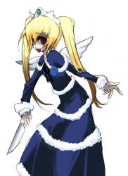 Rule 34 | 1girl, blonde hair, blue dress, cleaver, dress, fancy, fur trim, futaba channel, knife, long hair, nijiura maids, open mouth, red eyes, ringed eyes, simple background, solo, twintails, white background, wings