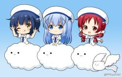 Rule 34 | . ., 3girls, :3, :d, ;q, angora rabbit, animal, arm up, beret, black hair, blue background, blue eyes, blue hair, blue neckerchief, blush, brown eyes, chibi, closed mouth, cloud, commentary request, crown, double m/, feathered wings, gochuumon wa usagi desu ka?, gradient background, hair ornament, hand up, hat, jouga maya, kafuu chino, kafuu chino&#039;s school uniform, long hair, looking at viewer, low twintails, m/, mini crown, mitya, multiple girls, natsu megumi, neckerchief, one eye closed, open mouth, puffy short sleeves, puffy sleeves, rabbit, red eyes, red hair, ringlets, sailor collar, scar, scar across eye, scar on face, school uniform, serafuku, shirt, short sleeves, skirt, smile, solid circle eyes, tippy (gochiusa), tongue, tongue out, twintails, twitter username, very long hair, white headwear, white sailor collar, white serafuku, white shirt, white skirt, white wings, winged animal, wings, x hair ornament