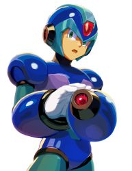 Rule 34 | 1boy, android, arm cannon, commentary request, gloves, green eyes, helmet, looking at viewer, male focus, mega man (series), x (mega man), mega man x (series), open mouth, simple background, solo, user fuyz3388, weapon, white background, white gloves