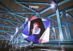 Rule 34 | 1girl, arm support, blue skirt, braid, bridge, building, cityscape, commentary, expressionless, full body, highres, kaf (kamitsubaki studio), kamitsubaki studio, lamppost, long hair, low twin braids, multicolored eyes, night, outdoors, pink hair, reoen, shoes, sitting, skirt, sneakers, socks, solo, sweater, twin braids, virtual youtuber, white socks, white sweater, yellow pupils