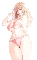 Rule 34 | 1girl, absurdres, arm behind back, bikini, blonde hair, breasts, highres, large breasts, looking at viewer, naughty face, neck ribbon, original, pink theme, red eyes, ribbon, smile, solo, swimsuit, underboob, zerocat