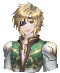 Rule 34 | 1boy, alternate color, black coat, blonde hair, coat, commentary request, cropped torso, cross, cross necklace, eyepatch, green coat, green eyes, high priest (ragnarok online), jewelry, layered clothes, long sleeves, looking at viewer, male focus, misuguu, multicolored coat, necklace, open mouth, ragnarok online, short hair, simple background, smile, solo, two-tone coat, upper body, white background, white coat