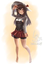 Rule 34 | 1girl, aged up, alternate hair length, alternate hairstyle, armor, artist logo, barefoot, bike shorts, breastplate, breasts, brown eyes, brown hair, commentary request, dated, full body, gradient background, hat, highres, kantai collection, ld (luna dial398), long hair, long sleeves, looking at viewer, pleated skirt, red skirt, skirt, small breasts, solo, sun hat, taihou (kancolle), white hat