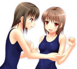 Rule 34 | 2girls, brown eyes, brown hair, ki (kk-sk-ray), long hair, looking at another, multiple girls, old school swimsuit, one-piece swimsuit, open mouth, original, red eyes, school swimsuit, short hair, simple background, swimsuit, white background