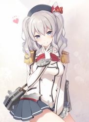 Rule 34 | 10s, 1girl, 6u (eternal land), :d, anchor, beret, black skirt, blue eyes, blush, breasts, buttons, cowboy shot, epaulettes, frilled sleeves, frills, gloves, hat, heart, kantai collection, kashima (kancolle), kerchief, long sleeves, looking at viewer, medium breasts, military, military uniform, miniskirt, neckerchief, open mouth, pleated skirt, sidelocks, silver hair, skirt, smile, solo, tsurime, twintails, uniform, wavy hair, white gloves
