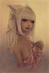Rule 34 | 10s, 1girl, animal ears, blunt bangs, blurry, cat ears, covering privates, covering breasts, final fantasy, final fantasy xiv, from side, gradient background, long hair, looking at viewer, miqo&#039;te, portrait, slit pupils, solo, soranamae, upper body, warrior of light (ff14), white hair, yellow eyes
