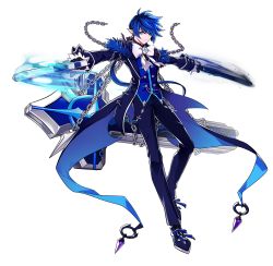Rule 34 | 1boy, black coat, black footwear, black gloves, black pants, blue eyes, blue hair, blue shirt, bow, chain, ciel (elsword), closed mouth, coat, cross, cross earrings, dual wielding, earrings, elsword, full body, gloves, gun, highres, holding, holding gun, holding weapon, hwansang, jewelry, long hair, looking at viewer, male focus, official art, pants, pointy ears, ponytail, royal guard (elsword), serious, shirt, shoes, solo, standing, weapon, white bow