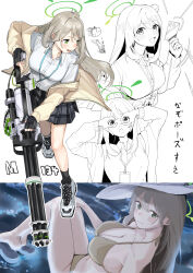 Rule 34 | 1girl, absurdres, bare arms, bare legs, bare shoulders, bikini, black skirt, blue archive, blush, breasts, buttons, cardigan, collared shirt, green eyes, green halo, gun, halo, hat, highres, holding, holding gun, holding weapon, id card, large breasts, light brown hair, long hair, long sleeves, multiple views, nonomi (blue archive), nonomi (swimsuit) (blue archive), official alternate costume, open cardigan, open clothes, open mouth, pleated skirt, shirt, skirt, smile, swimsuit, umiwashi, weapon, white hat, white shirt, yellow bikini, yellow cardigan