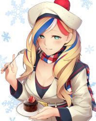 Rule 34 | 10s, 1girl, 2016, absurdres, belt, belt buckle, beret, blonde hair, blue eyes, blue hair, breasts, buckle, cake, cleavage, collarbone, commandant teste (kancolle), enosan, fingernails, food, fork, french text, fruit, grin, hat, highres, holding, holding fork, kantai collection, long hair, long sleeves, looking at viewer, matching hair/eyes, medium breasts, multicolored clothes, multicolored hair, multicolored scarf, plate, red hair, scarf, smile, snowflake background, solo, strawberry, white background, white hair