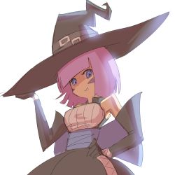 Rule 34 | 1girl, bare shoulders, blunt bangs, buckle, character request, coffee (ecafree2), copyright request, detached sleeves, hat, highres, pink hair, purple eyes, simple background, solo, tagme, white background, witch, witch hat