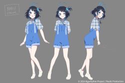 Rule 34 | 1girl, algorhythm project, bare legs, black hair, blue eyes, blue hair, blue overalls, blush, closed mouth, grey background, hair between eyes, hair ornament, highres, karu (algorhythm project), medium hair, multicolored hair, open mouth, overalls, sh3rrytheartist, shoes, smile, virtual youtuber, white footwear