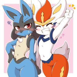 Rule 34 | acky, arm up, blush, border, cinderace, clenched teeth, closed mouth, commentary request, creatures (company), closed eyes, furry, game freak, gen 4 pokemon, gen 8 pokemon, grin, hand on own hip, heart, highres, hand grab, lucario, navel, nintendo, outline, outside border, pokemon, pokemon (creature), red eyes, smile, spikes, squiggle, sweatdrop, teeth, v, white border