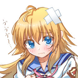 Rule 34 | 1girl, absurdres, angel beats!, bandaid, bandaid on head, blonde hair, blue eyes, blue sailor collar, blush, close-up, closed mouth, commentary request, eyes visible through hair, frown, furrowed brow, hair between eyes, highres, long hair, looking at viewer, sad, sailor collar, sekine shiori, shinda sekai sensen uniform, shirt, simple background, sketch, solo, sound effects, spiked hair, tears, translated, upturned eyes, white background, white shirt, wilted ahoge, zuzuhashi