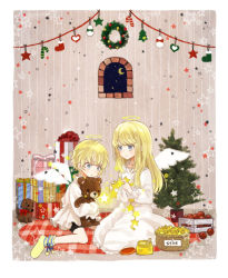 Rule 34 | 1boy, 1girl, angel, angel wings, bad id, bad pixiv id, ball, basket, bauble, blanket, blonde hair, blue eyes, bottle, bow, box, brother and sister, candy, candy cane, christmas, christmas ornaments, christmas tree, crescent moon, dress, food, gift, gift box, glowing, halo, hetero, holding, holding stuffed toy, hug, indoors, long hair, masunosushi, moon, night, night sky, no shoes, original, pine tree, plaid, red bow, short hair, shorts, siblings, sitting, sky, smile, socks, star (symbol), string, striped, striped background, stuffed animal, stuffed dog, stuffed toy, teardrop, teddy bear, tree, twins, white dress, window, wings, wreath, yellow legwear