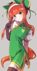 Rule 34 | absurdres, alternate costume, alternate hairstyle, animal ears, blush, chawan (yultutari), china dress, chinese clothes, commentary request, dress, flat chest, gloves, green eyes, headband, highres, horse ears, horse girl, horse tail, orange hair, silence suzuka (umamusume), simple background, smile, tail, thighhighs, umamusume, v