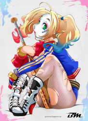 Rule 34 | 1girl, absurdres, baseball bat, batman (series), bayeuxman, blonde hair, blue eyes, blue hair, boots, breasts, colored tips, dc comics, fishnet pantyhose, fishnets, harley quinn, high heel boots, high heels, highres, jacket, long hair, makeup, matching hair/eyes, multicolored hair, pantyhose, short shorts, shorts, solo, suicide squad, twintails, weapon