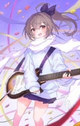 1girl ahoge blurry blurry_foreground bow brown_eyes brown_hair commentary_request confetti electric_guitar flower guitar hair_bow highres holding holding_instrument instrument long_sleeves music open_mouth original petals playing_instrument pleated_skirt ponytail scarf skirt smile umichabo