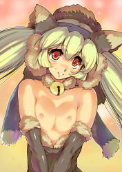 Rule 34 | 1girl, bell, breasts, collar, elbow gloves, female focus, gloves, green hair, harem gain, head tilt, hisahiko, long hair, looking at viewer, md5 mismatch, neck bell, nipples, original, red eyes, resolution mismatch, smile, solo, source smaller, sweatdrop