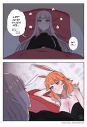 Rule 34 | 2girls, 2koma, :3, absurdres, alternate costume, bare arms, bare shoulders, black leotard, black sweater, blush, breasts, cleavage, comic, couple, english text, hair flaps, highres, hololive, hololive english, holomyth, large breasts, leotard, long hair, looking at another, lying, mamaprofennn, mori calliope, multiple girls, neck, on back, on bed, orange hair, pillow, pink hair, playboy bunny, purple eyes, rabbit ears, red eyes, speech bubble, straight hair, strapless, strapless leotard, sweater, takanashi kiara, talking, virtual youtuber, yuri