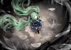 Rule 34 | 1girl, absurdly long hair, absurdres, artist name, character name, from above, green eyes, green hair, hatsune miku, highres, long hair, looking at viewer, looking up, matching hair/eyes, md5 mismatch, rain, resolution mismatch, revision, sanae (jomill04), sketch, solo, source smaller, twintails, very long hair, vocaloid