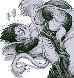 Rule 34 | 2boys, anal, armor, bara, boots, bottomless, chest armor, chimachimadb, dragon ball, dragonball z, faceless, faceless male, gloves, greyscale, hand on another&#039;s face, highres, leg up, looking at another, lying, male focus, male penetrated, monkey tail, monochrome, multiple boys, muscular, muscular male, on back, open mouth, pants, pants around one leg, rape, saiyan armor, sex, short hair, smile, spiked hair, tail, vegeta, yaoi