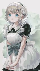 Rule 34 | 1girl, :o, apron, black dress, blue bow, blush, bow, collared dress, dress, flower, frilled apron, frills, grey eyes, grey hair, hair flower, hair ornament, hairclip, highres, maid, maid apron, open mouth, original, puffy short sleeves, puffy sleeves, rose, sha2mo, short sleeves, solo, white apron, white flower, white rose