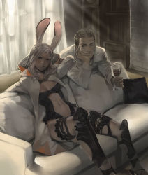 Rule 34 | 00s, 1boy, 1girl, alcohol, animal ears, balflear, blonde hair, blouse, breasts, cleavage, collared shirt, couch, couple, cup, dark-skinned female, dark skin, drinking glass, final fantasy, final fantasy xii, fran (ff12), fujikawa arika, glass, ivalice alliance, navel, rabbit ears, revealing clothes, shirt, sitting, sunlight, viera, white hair, white mage (final fantasy), white shirt, white upholstery, wine, wine glass