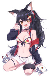 Rule 34 | 1girl, absurdres, animal ear fluff, animal ears, bare shoulders, bikini, bikini under clothes, black choker, black hair, breasts, choker, cleavage, collarbone, commentary request, hair ornament, hairclip, highres, hololive, kneeling, large breasts, leaf print, maple leaf print, masaki (msk064), miofa (ookami mio), multicolored hair, multiple others, ookami mio, ookami mio (hololive summer 2019), open mouth, red hair, shorts, simple background, smile, streaked hair, swimsuit, tail, tail around own leg, two-tone hoodie, virtual youtuber, white background, white shorts, wolf ears, wolf girl, wolf tail
