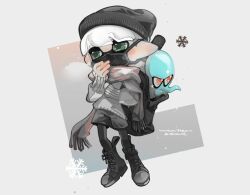 Rule 34 | 1boy, 1other, beanie, black footwear, black headwear, black pants, black shorts, boots, cross-laced footwear, full body, green eyes, grey scarf, grey sweater, hat, inkling, inkling boy, inkling player character, leggings under shorts, mask, mouth mask, nintendo, octoling, octoling swim form, octopus, pants, pointy ears, scarf, short hair, shorts, sleeves past wrists, snowflakes, sparkle, spl8ya, splatoon (series), standing, sweater, tentacle hair, white hair