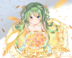 Rule 34 | 1girl, alice carroll, alternate costume, aria (manga), bare shoulders, blue eyes, blush, bouquet, breasts, collarbone, dress, elbow gloves, flower, from above, gloves, green hair, hair ribbon, holding, holding bouquet, jewelry, layered dress, light smile, long hair, looking at viewer, nut megu, parted hair, pendant, raised eyebrows, ribbon, short twintails, small breasts, solo, strapless, strapless dress, twintails, twitter username, two side up, yellow dress, yellow ribbon