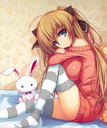 Rule 34 | 1girl, absurdres, ahoge, bare shoulders, bed sheet, blue eyes, blush, breasts, brown hair, hair ribbon, highres, large breasts, long hair, looking at viewer, pillow, ribbon, sitting, smile, solo, striped clothes, striped thighhighs, stuffed animal, stuffed rabbit, stuffed toy, sweater, thighhighs, tomose shunsaku