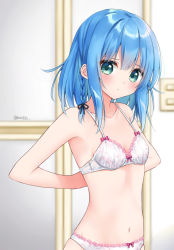 Rule 34 | 1girl, anz32, arms behind back, bad id, bad pixiv id, bare arms, bare shoulders, black ribbon, blue hair, blurry, blurry background, blush, bow, bow bra, bow panties, bra, braid, breasts, closed mouth, collarbone, commentary request, depth of field, green eyes, hair ribbon, indoors, long hair, looking at viewer, navel, original, panties, ribbon, side braid, single braid, small breasts, solo, standing, twitter username, underwear, underwear only, white bra, white panties