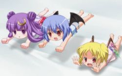 Rule 34 | animated, animated gif, barefoot, bed, blonde hair, blue hair, child, feet, flandre scarlet, jumping, kanna hisashi, lowres, open mouth, patchouli knowledge, purple eyes, purple hair, red eyes, remilia scarlet, tagme, touhou